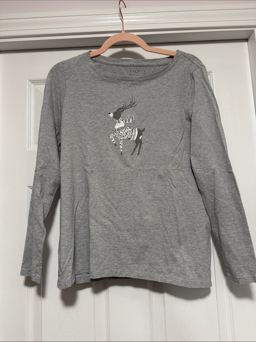 Talbots Gray Long Sleeve Tee with Reindeer Motif